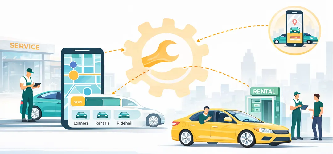Dealership on-demand transportation connecting loaners, rentals, and ridehail services