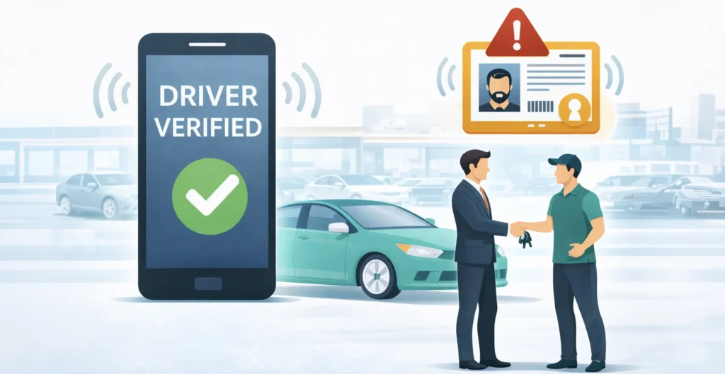 Driver’s license verification at a car dealership showing digital driver approval before vehicle handoff