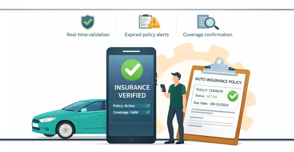 Flat-style illustration showing real-time insurance verification on a mobile device next to a vehicle and auto insurance policy document with active coverage status.