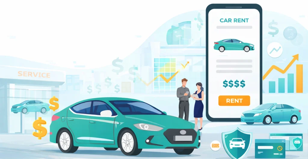 Illustration of a dealership paid rental vehicle managed through a digital transportation platform supporting service operations