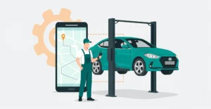 Illustration of expert mechanics providing 24/7 car service at your doorstep, working on a sedan with a smartphone showing location map pin
