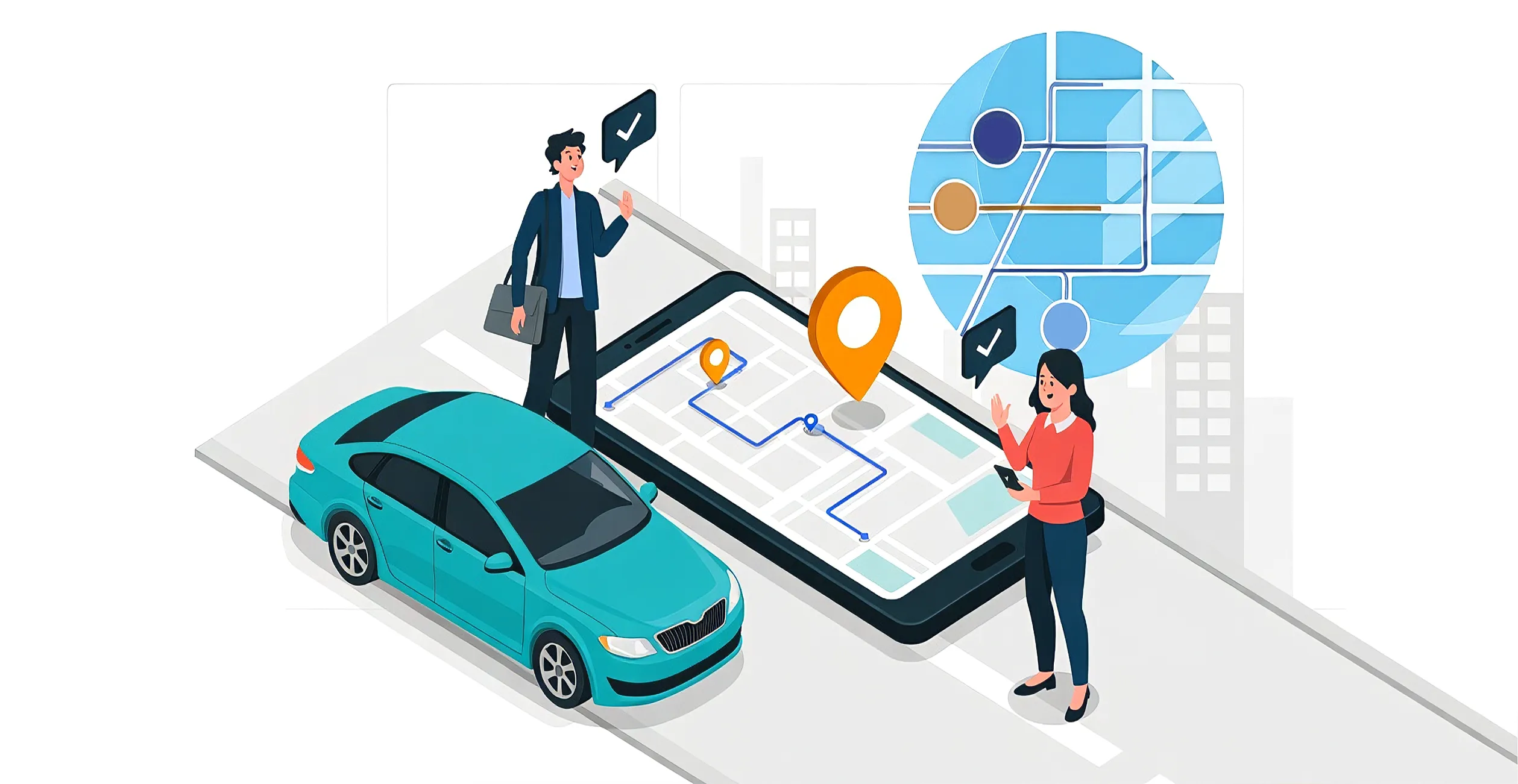 Illustration of a dealership service advisor and customer using a ridehail app on a large smartphone screen, with a teal sedan and GPS route map, representing convenient transportation options for service customers.