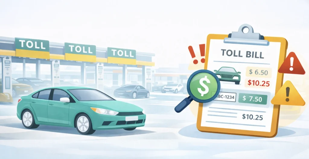 Car passing through toll booth with digital billing document representing dealership toll management