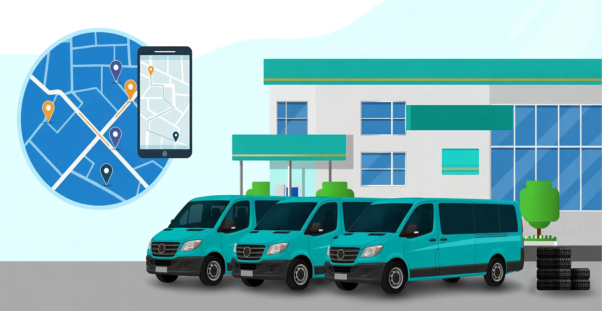 Teal Mercedes shuttle vans lined up at a car dealership service center with a smartphone showing real-time GPS mapping and multiple location pins, illustrating modern dealership shuttle service management and route optimization.