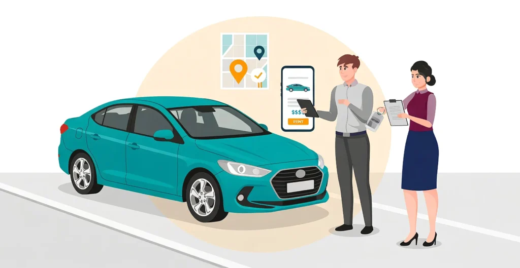 Customer renting a vehicle at a dealership using a digital rental management system