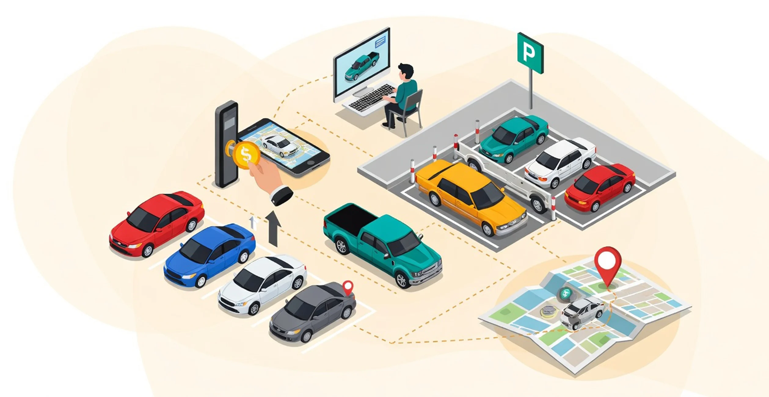 Isometric illustration showing modern car dealership service operations with digital shuttle management, including a customer using a mobile app for payment, parked vehicles, a service advisor at a computer, parking lot, and GPS map tracking.