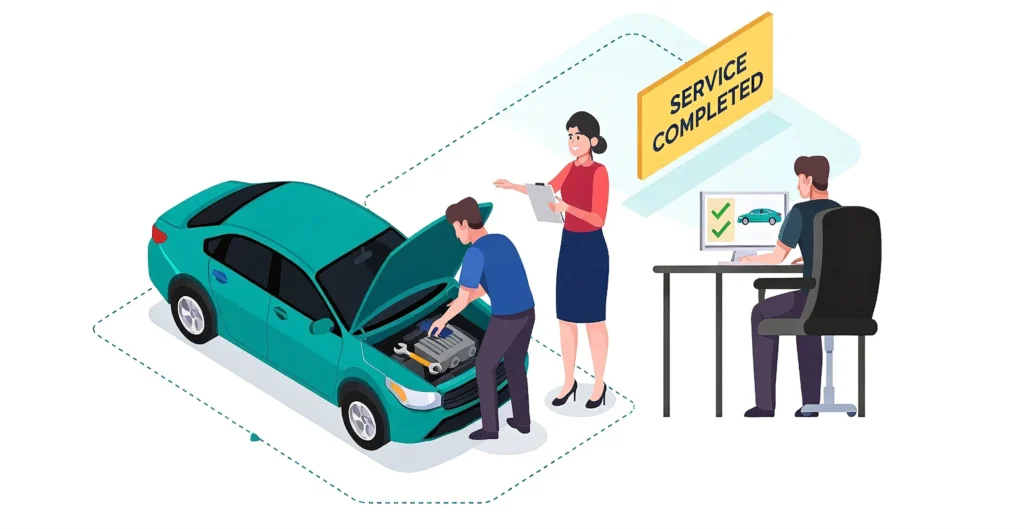 Modern infographic illustrating the hidden value of dealership loaner vehicle programs, featuring a car with data visualizations for utilization rates, loaner days, mileage tracking, and advisor productivity improvements. Alternative Title Opt