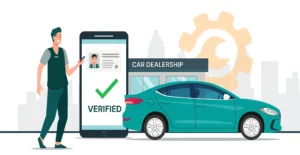 Dealership staff member performing digital driver's license verification on mobile phone with "VERIFIED" status, illustrating reduced risk compared to manual inspection