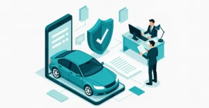 Isometric illustration of digital car insurance verification at a dealership. A teal sedan emerges from a large smartphone screen next to a security shield with checkmark, while two suited professionals review documents at a desk.