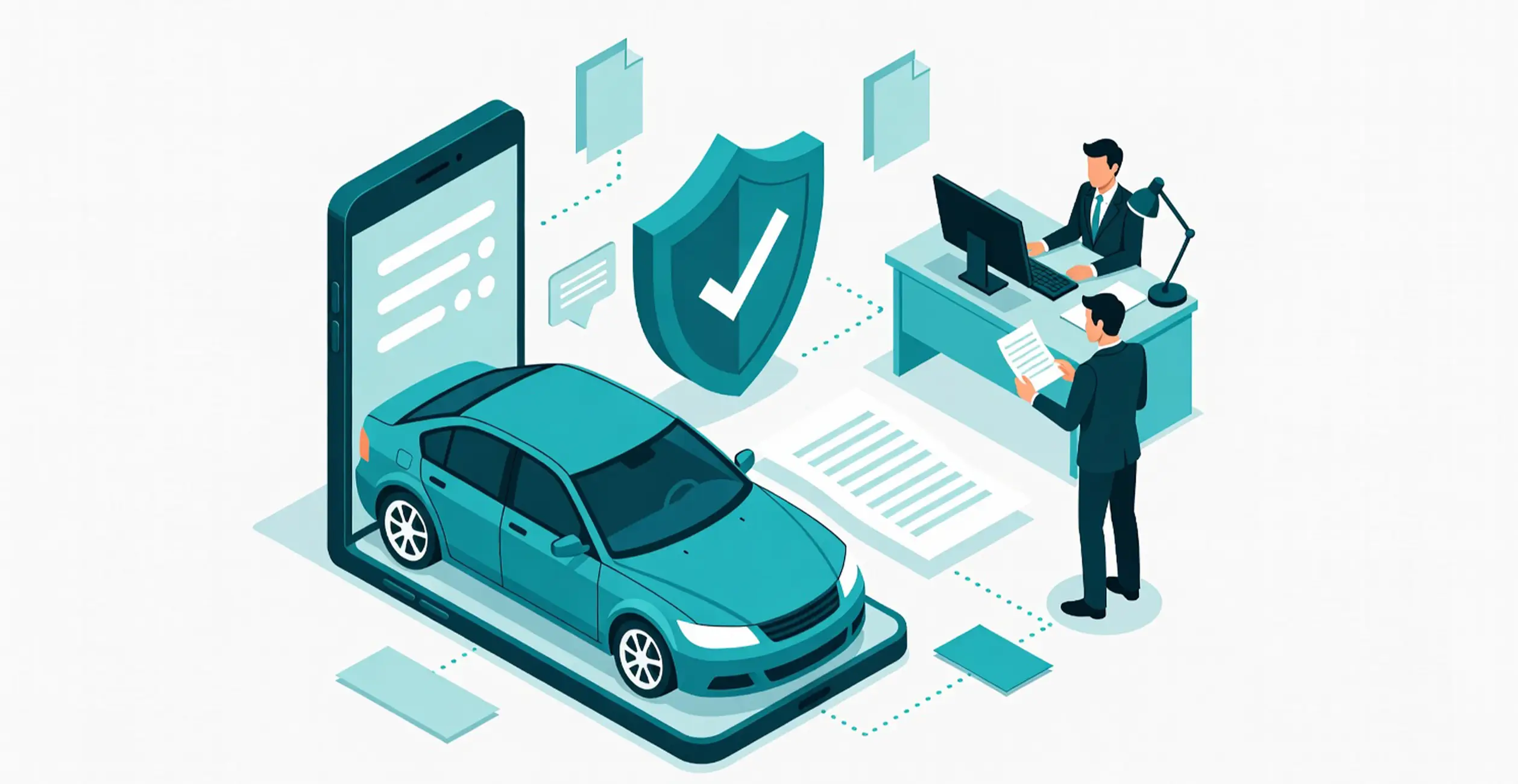 Isometric illustration of digital car insurance verification at a dealership. A teal sedan emerges from a large smartphone screen next to a security shield with checkmark, while two suited professionals review documents at a desk.