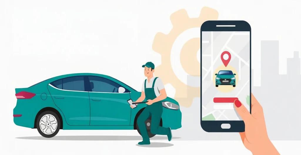 Technician performing mobile vehicle service while a customer tracks the appointment and vehicle location through a smartphone app.