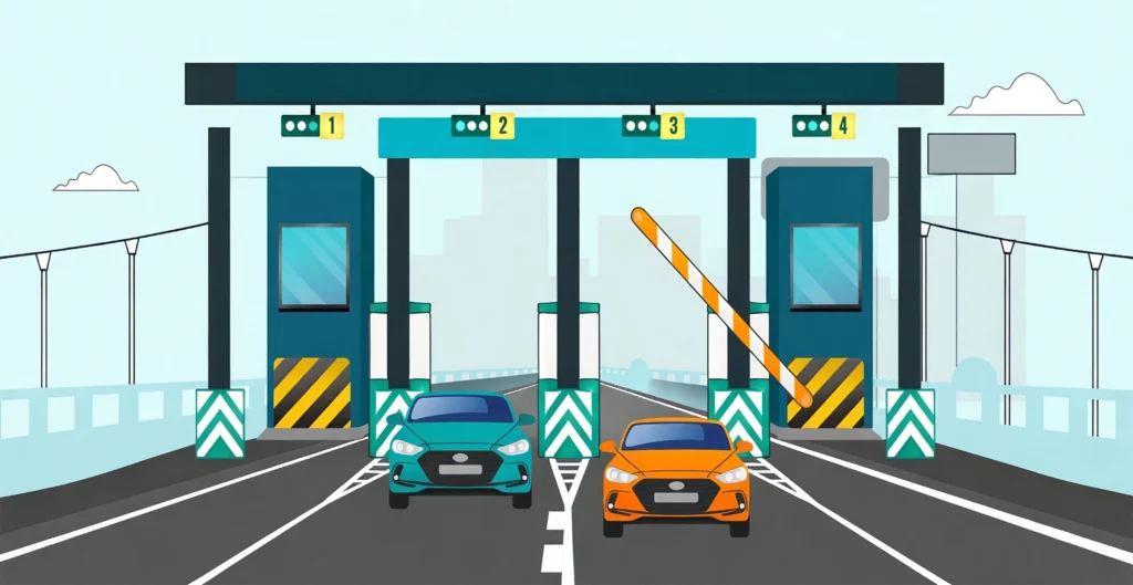 Cars at a toll plaza entrance.