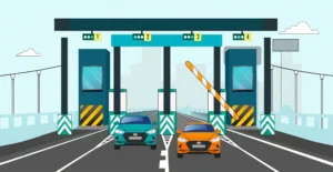 Cars at a toll plaza entrance.
