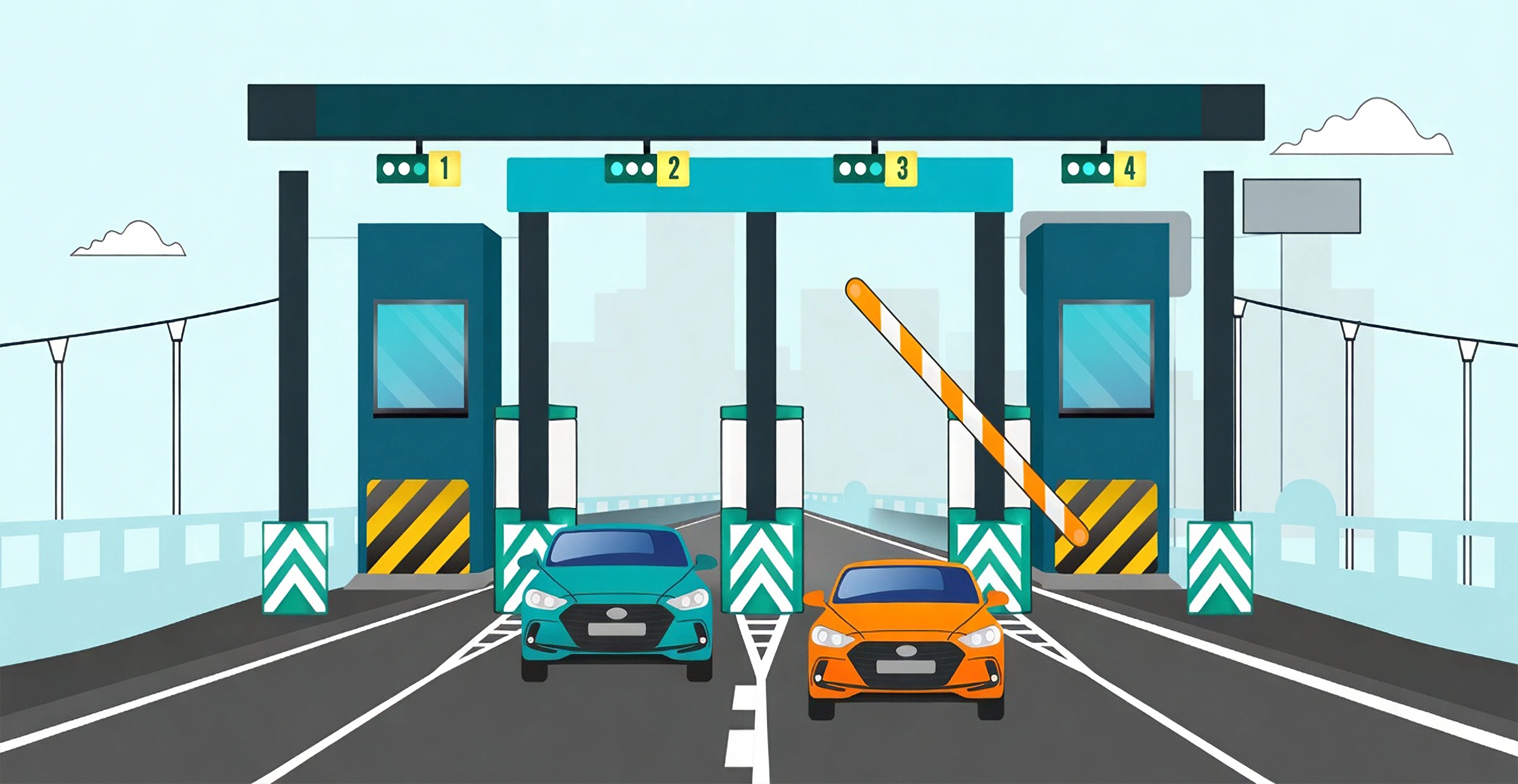 Cars at a toll plaza entrance.