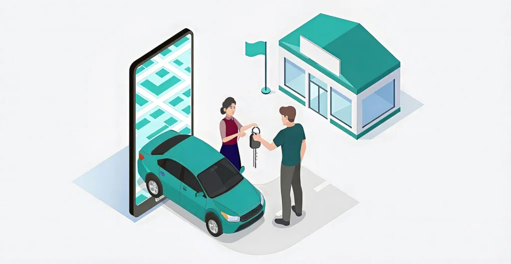 Isometric illustration of a dealership service advisor handing car keys to a customer next to a teal sedan and large smartphone, representing ridehail and digital transportation options for vehicle service.