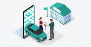 Isometric illustration of a dealership service advisor handing car keys to a customer next to a teal sedan and large smartphone, representing ridehail and digital transportation options for vehicle service.