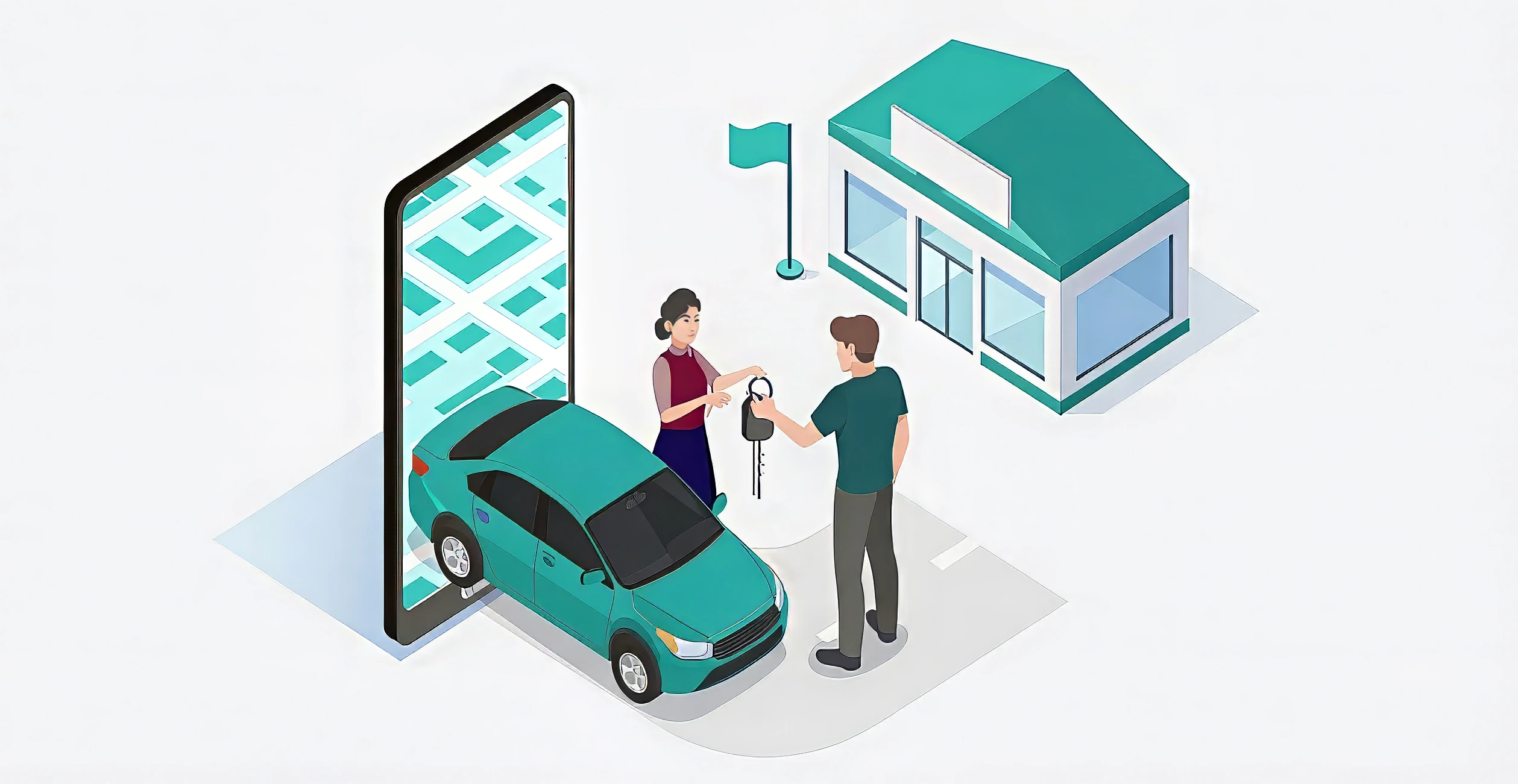 Isometric illustration of a dealership service advisor handing car keys to a customer next to a teal sedan and large smartphone, representing ridehail and digital transportation options for vehicle service.