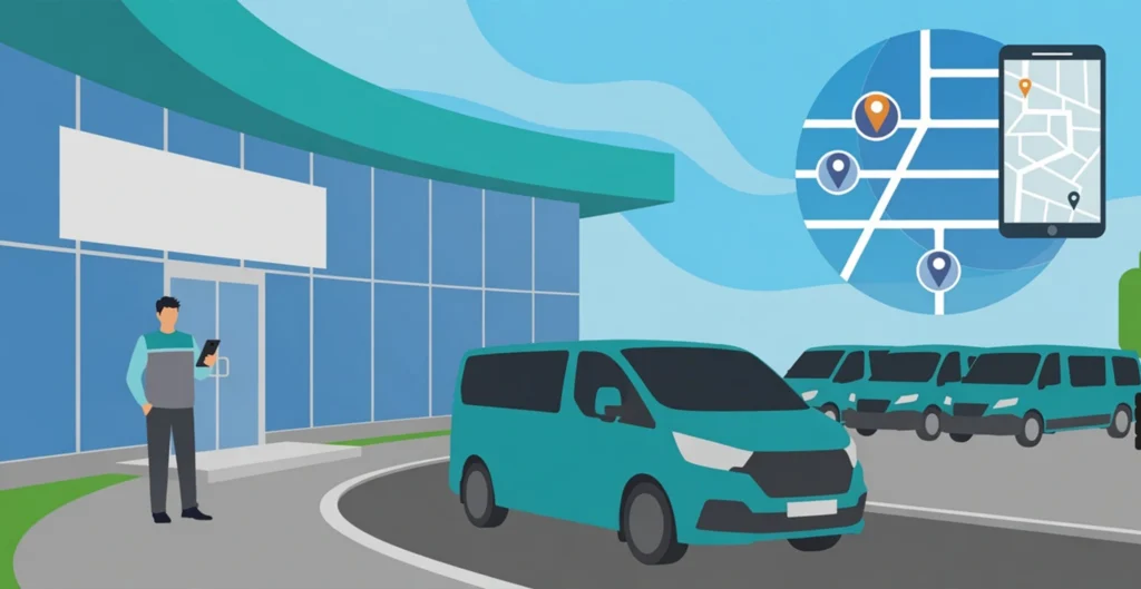 Illustration of a dealership service manager using a tablet to track a fleet of teal shuttle vans via GPS mapping, highlighting efficient customer transportation and service operations.