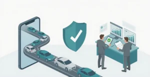 illustration of automated insurance and driver verification for dealerships: cars emerging from a large smartphone screen onto a road, a prominent teal shield with a white checkmark symbolizing security and compliance, and two business professionals at a desk reviewing documents, a tablet with a green checkmark, and data dashboards on computer monitors