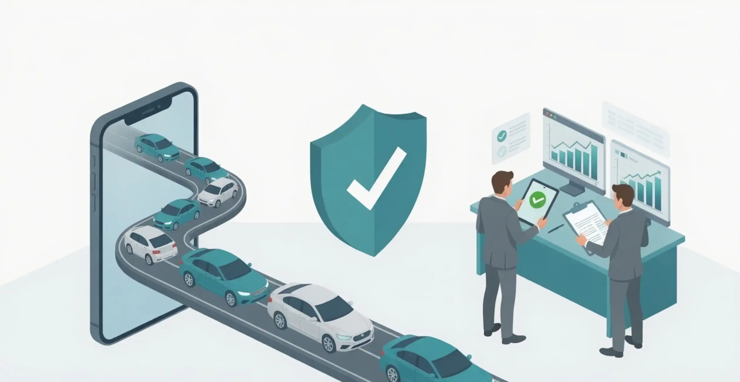 illustration of automated insurance and driver verification for dealerships: cars emerging from a large smartphone screen onto a road, a prominent teal shield with a white checkmark symbolizing security and compliance, and two business professionals at a desk reviewing documents, a tablet with a green checkmark, and data dashboards on computer monitors