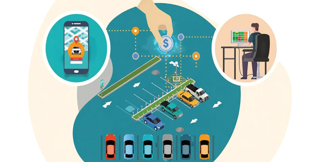 Dealership lot management tool showing a phone, a home computer, and a map of a parking lot