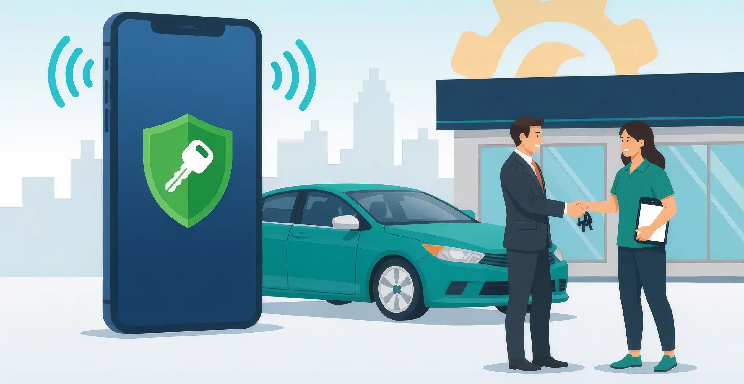 Illustration of a smartphone displaying a green security shield with a key icon and wireless signal waves, next to a teal sedan, with a businessman in a suit handing car keys to a woman holding a clipboard in front of a car dealership.