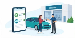 Dealership insurance and driver verification system confirming coverage and license status for vehicle rentals and service loaners.