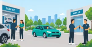 Customer receiving keys to a paid rental vehicle at a dealership service department.