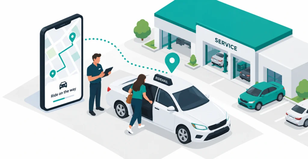 Illustration of a dealership customer entering a ridehail vehicle while a service advisor coordinates transportation using a digital platform.