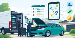 Dealership mobile service technician repairing a vehicle at a customer's home with digital scheduling and route management tools.