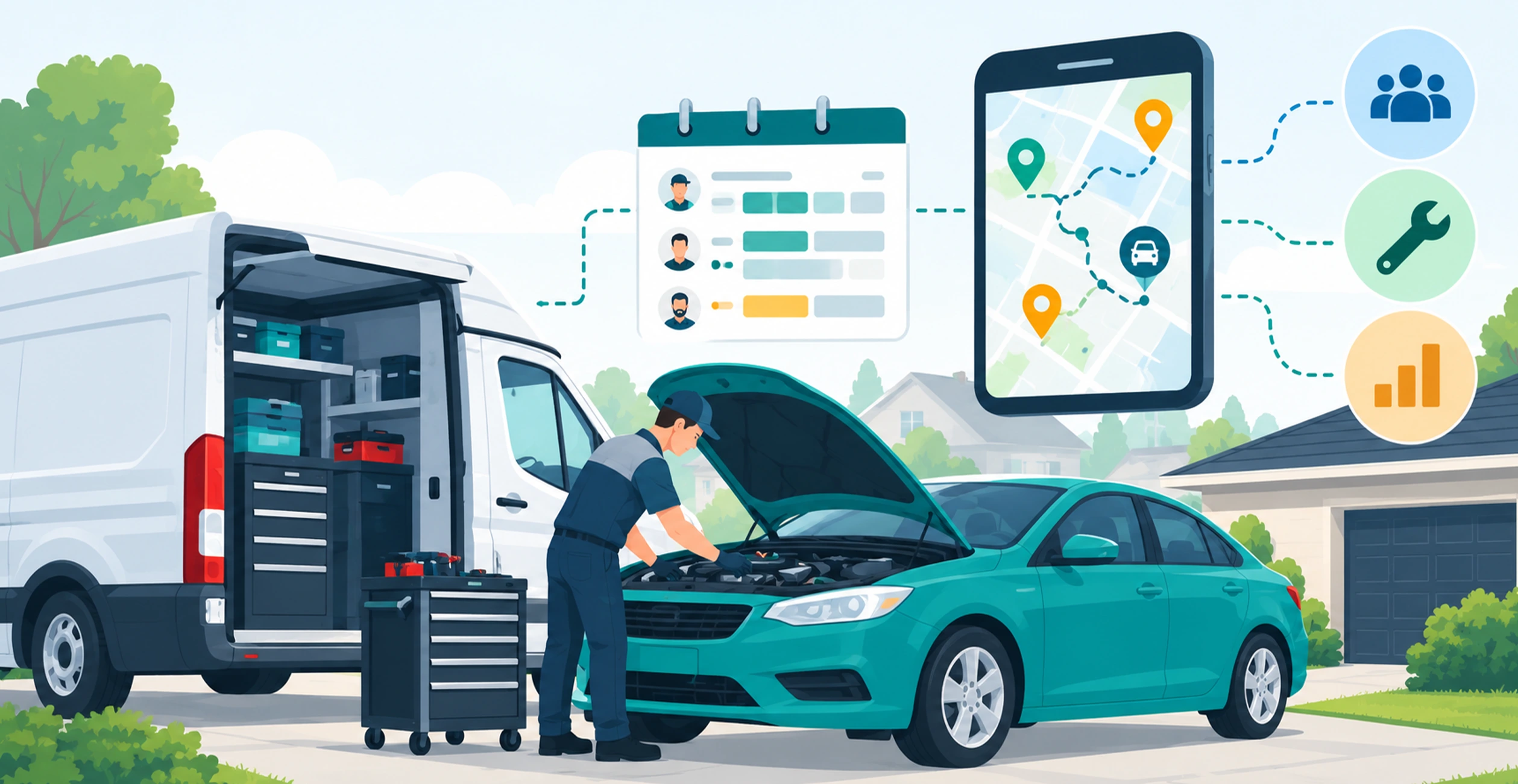 Dealership mobile service technician repairing a vehicle at a customer's home with digital scheduling and route management tools.