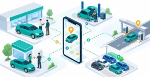 Dealership transportation management illustration showing a vehicle, digital tracking platform, and staff coordinating vehicle activity.